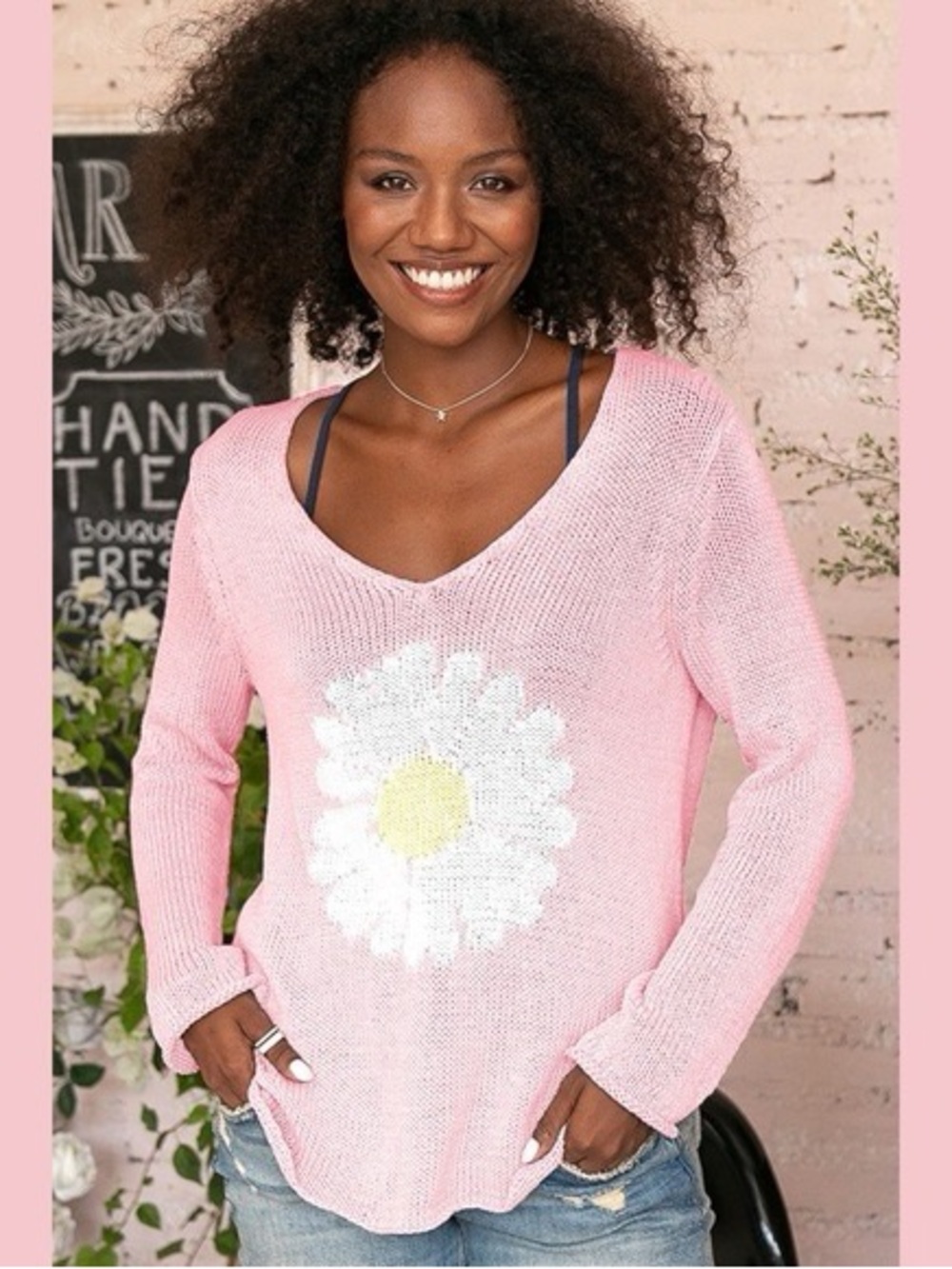 Wooden Ships Paola Buendia Pink Daisy Open Weave Cotton Knit Sweater Size S-M